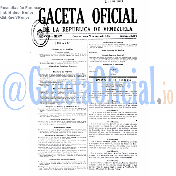 Gaceta Oficial 33398 del 27 Enero 1986