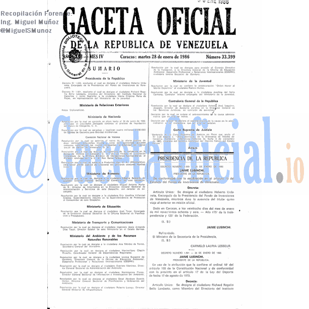 Gaceta Oficial 33399 del 28 Enero 1986