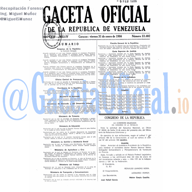 Gaceta Oficial 33402 del 31 Enero 1986