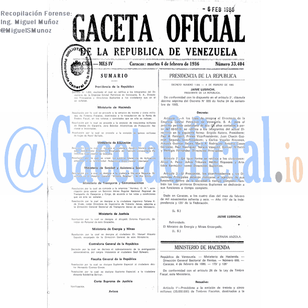Gaceta Oficial 33404 del 4 Febrero 1986