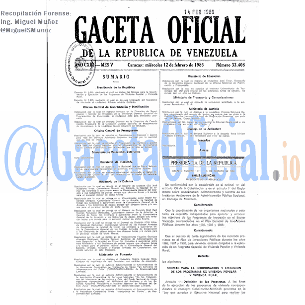 Gaceta Oficial 33408 del 12 Febrero 1986