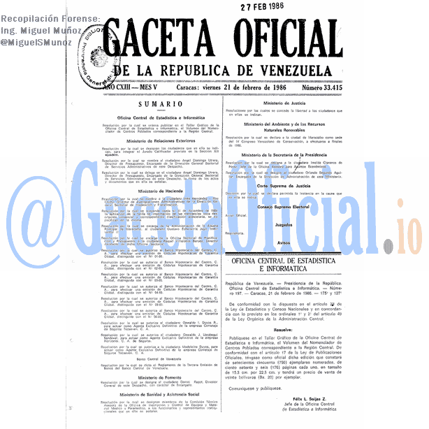 Gaceta Oficial 33415 del 21 Febrero 1986