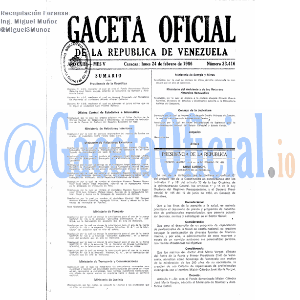 Gaceta Oficial 33416 del 24 Febrero 1986