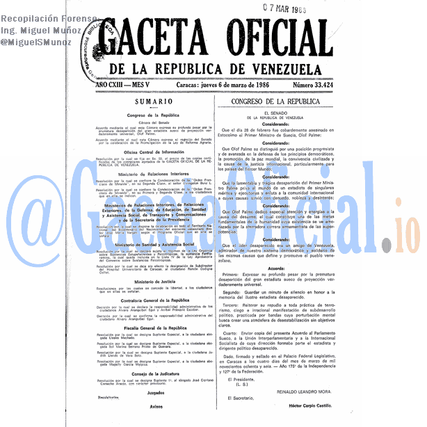 Gaceta Oficial 33424 del 6 Marzo 1986