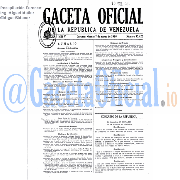 Gaceta Oficial 33425 del 7 Marzo 1986