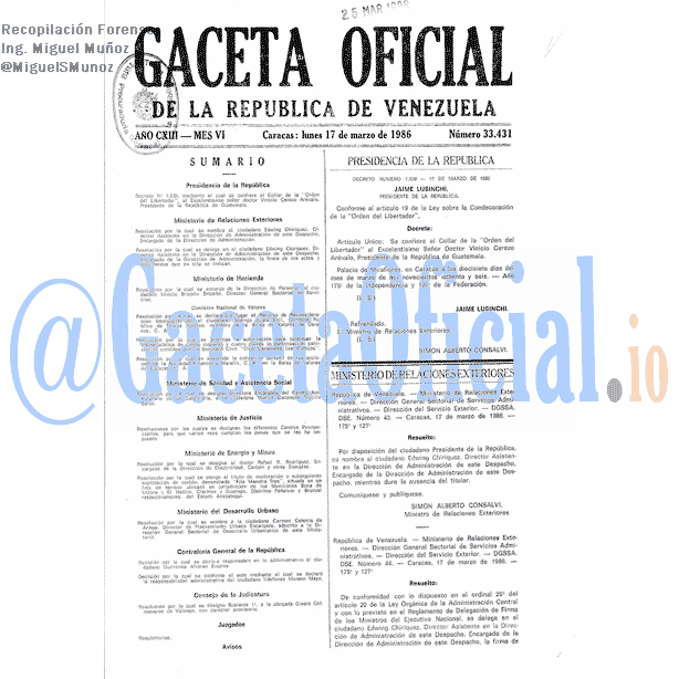 Gaceta Oficial 33431 del 17 Marzo 1986