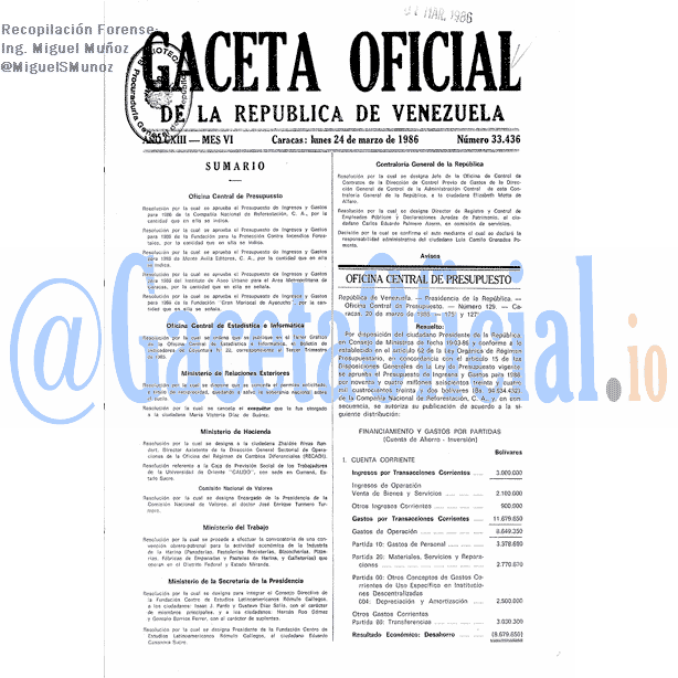 Gaceta Oficial 33436 del 24 Marzo 1986