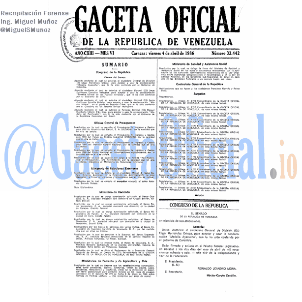 Gaceta Oficial 33442 del 4 Abril 1986