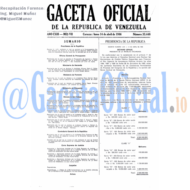 Gaceta Oficial 33448 del 14 Abril 1986