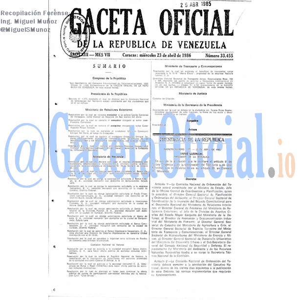 Gaceta Oficial 33455 del 23 Abril 1986