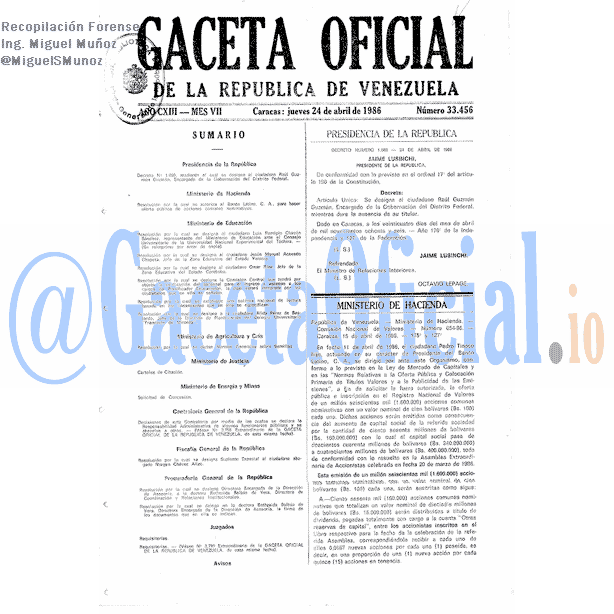 Gaceta Oficial 33456 del 24 Abril 1986