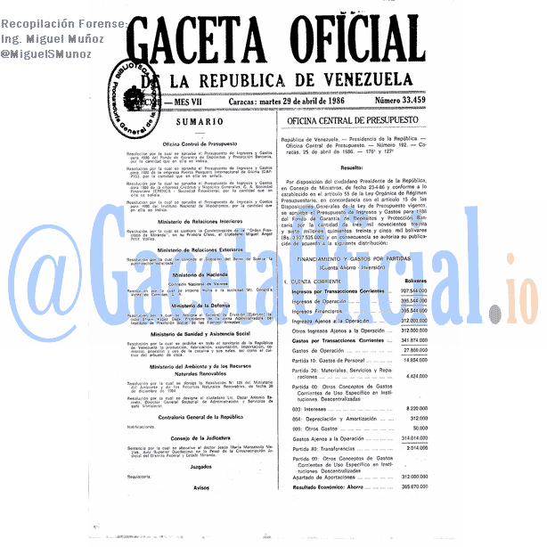 Gaceta Oficial 33459 del 29 Abril 1986