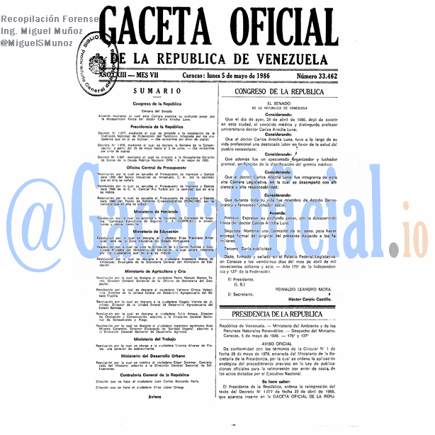 Gaceta Oficial 33462 del 5 Mayo 1986