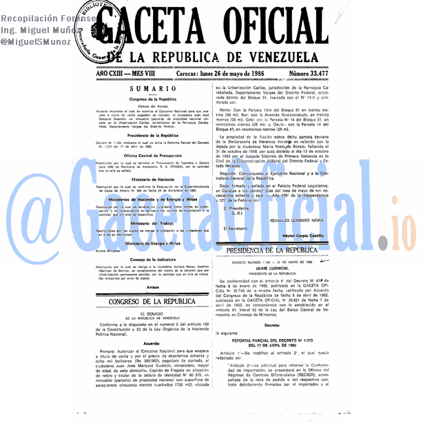 Gaceta Oficial 33477 del 26 Mayo 1986