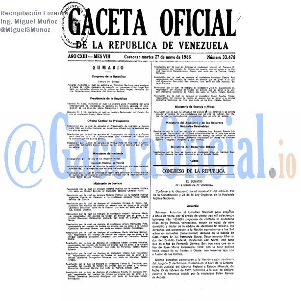 Gaceta Oficial 33478 del 27 Mayo 1986
