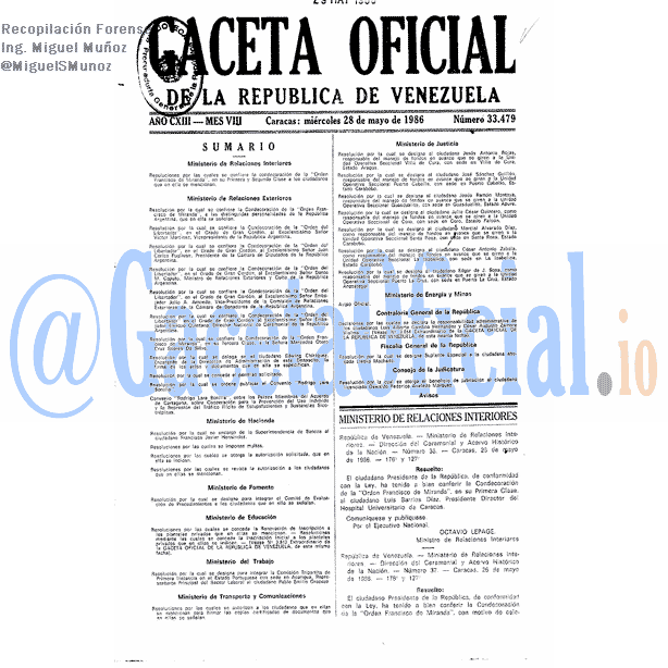 Gaceta Oficial 33479 del 28 Mayo 1986