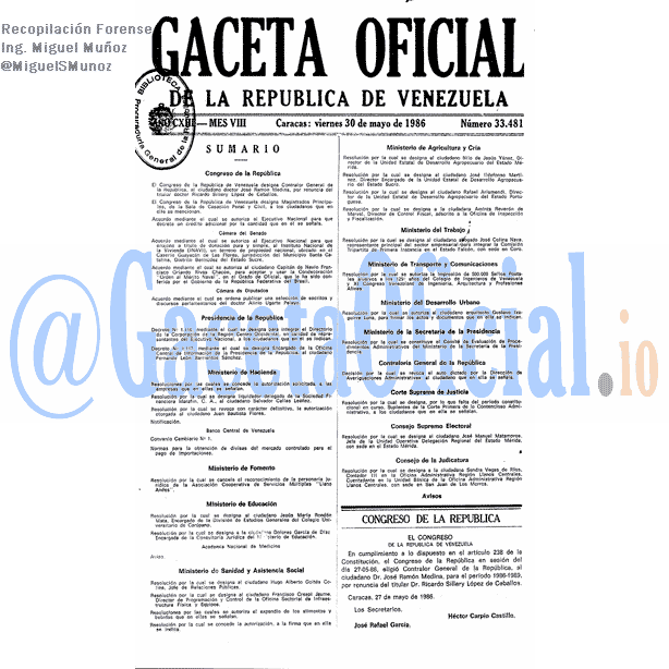 Gaceta Oficial 33481 del 30 Mayo 1986