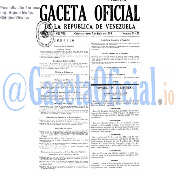 Gaceta Oficial 33485 del 5 Junio 1986