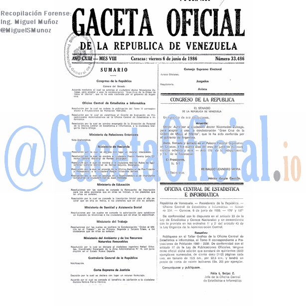 Gaceta Oficial 33486 del 6 Junio 1986