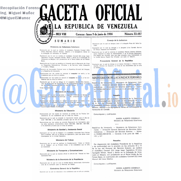 Gaceta Oficial 33487 del 9 Junio 1986