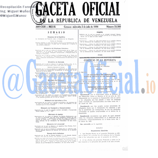 Gaceta Oficial 33503 del 2 Julio 1986