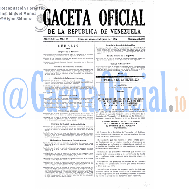 Gaceta Oficial 33505 del 4 Julio 1986