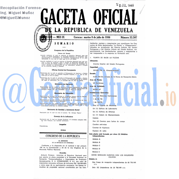 Gaceta Oficial 33507 del 8 Julio 1986
