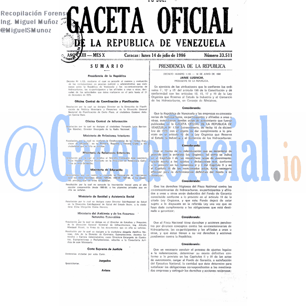 Gaceta Oficial 33511 del 14 Julio 1986