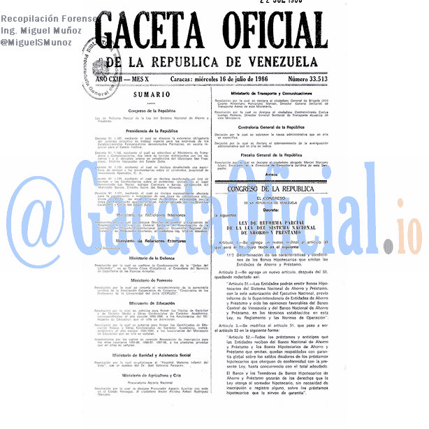 Gaceta Oficial 33513 del 16 Julio 1986