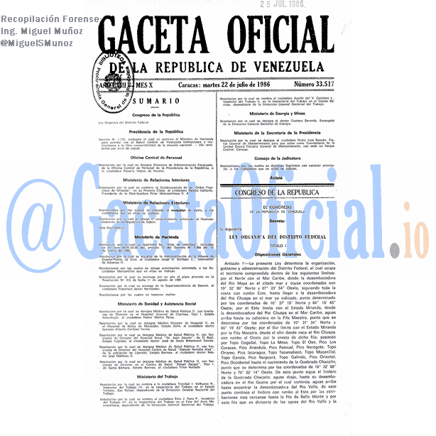 Gaceta Oficial 33517 del 22 Julio 1986