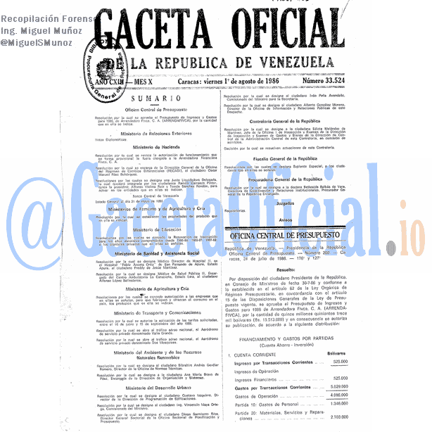 Gaceta Oficial 33524 del 1 Agosto 1986