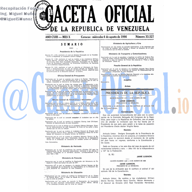 Gaceta Oficial 33527 del 6 Agosto 1986
