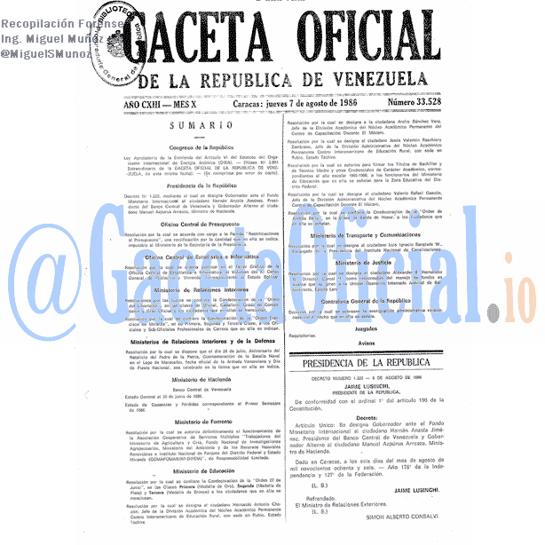 Gaceta Oficial 33528 del 7 Agosto 1986