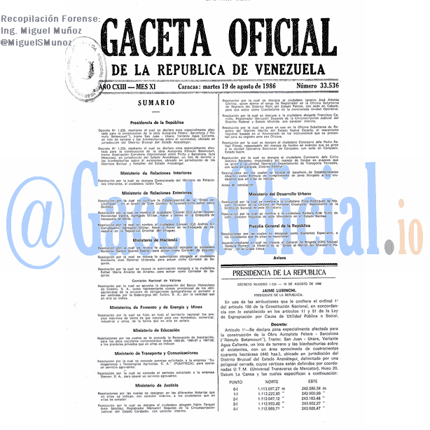 Gaceta Oficial 33536 del 19 Agosto 1986