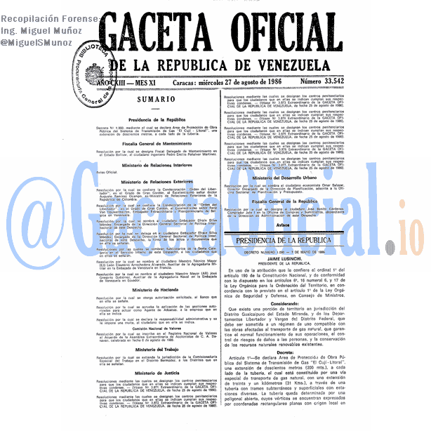 Gaceta Oficial 33542 del 27 Agosto 1986
