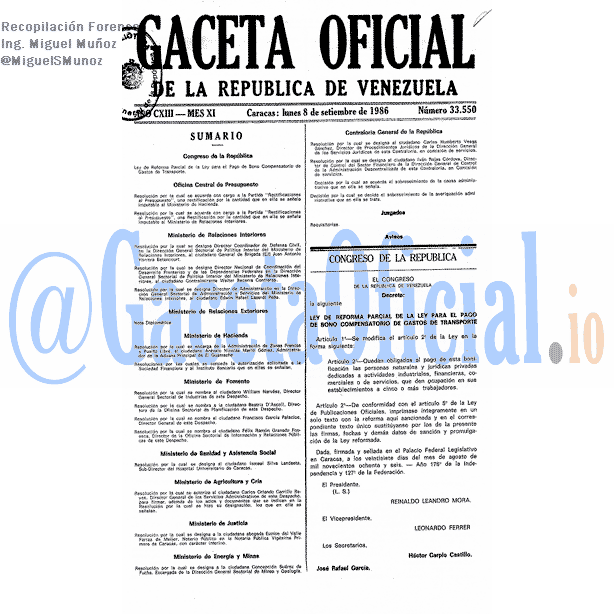 Gaceta Oficial 33550 del 8 Septiembre 1986