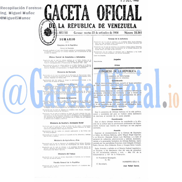 Gaceta Oficial 33561 del 23 Septiembre 1986