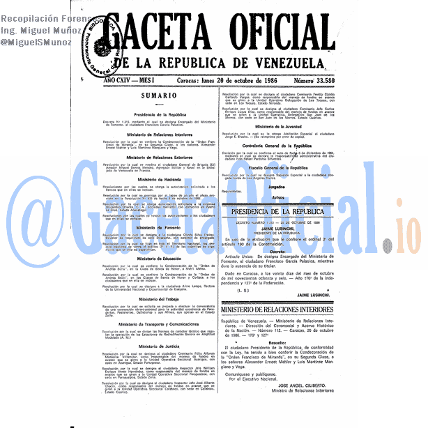 Gaceta Oficial 33580 del 20 Octubre 1986