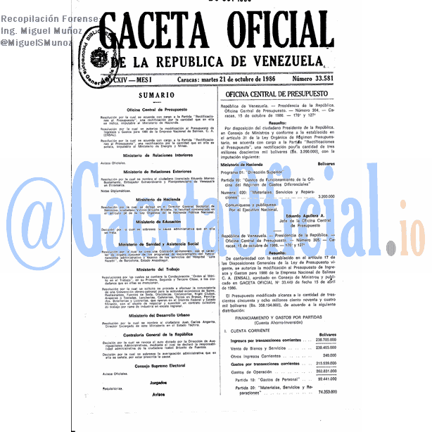 Gaceta Oficial 33581 del 21 Octubre 1986
