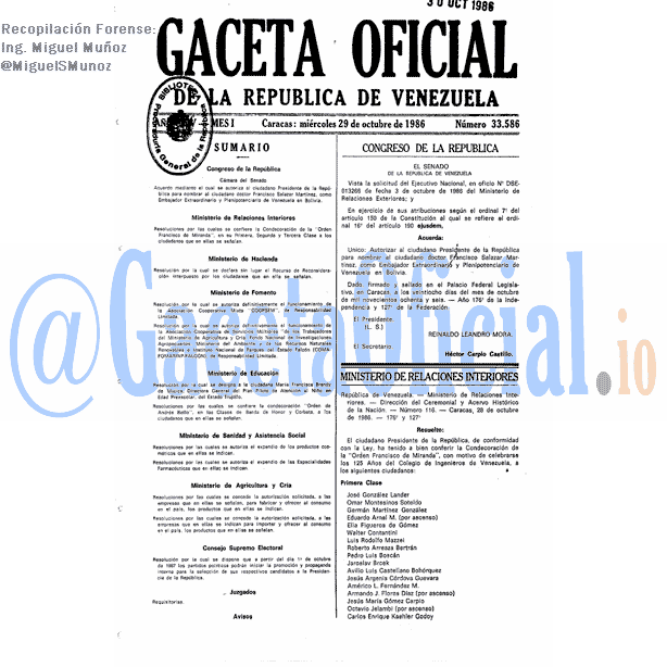 Gaceta Oficial 33586 del 29 Octubre 1986