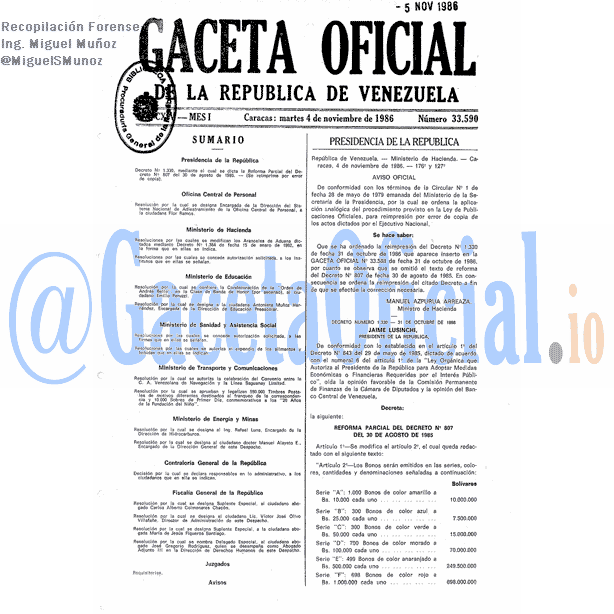 Gaceta Oficial 33590 del 4 Noviembre 1986