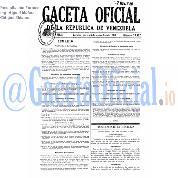 Gaceta Oficial 33592 del 6 Noviembre 1986