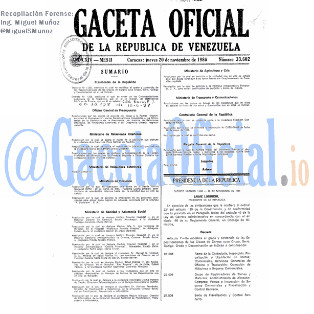 Gaceta Oficial 33602 del 20 Noviembre 1986