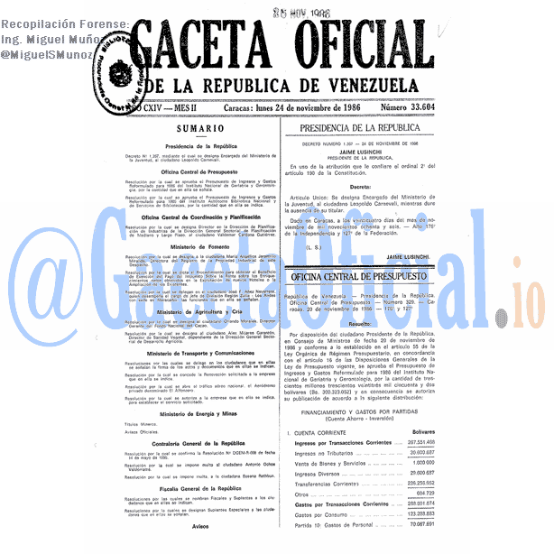 Gaceta Oficial 33604 del 24 Noviembre 1986