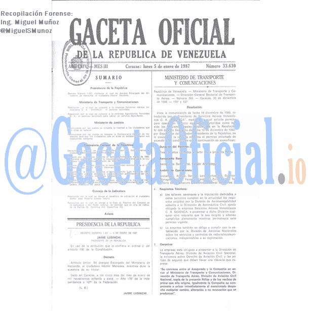 Gaceta Oficial 33630 del 5 Enero 1987