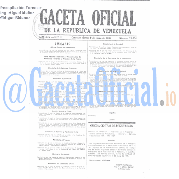 Gaceta Oficial 33634 del 9 Enero 1987