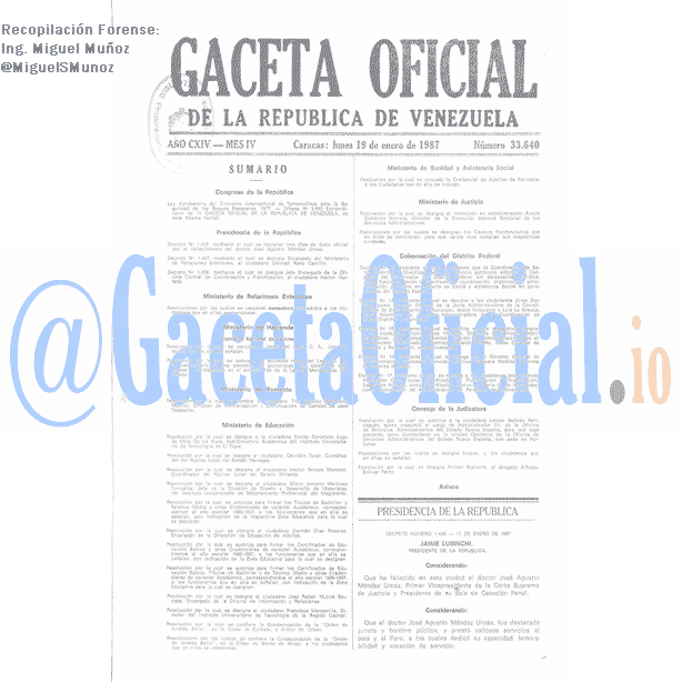 Gaceta Oficial 33640 del 19 Enero 1987