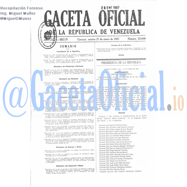 Gaceta Oficial 33646 del 27 Enero 1987