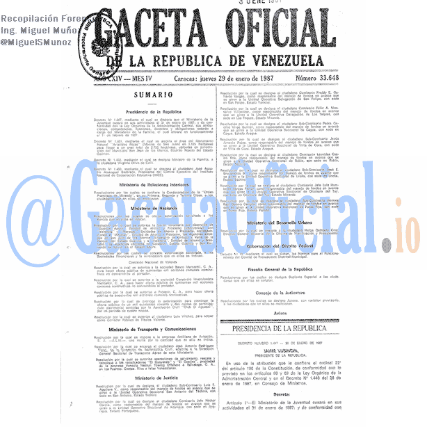 Gaceta Oficial 33648 del 29 Enero 1987