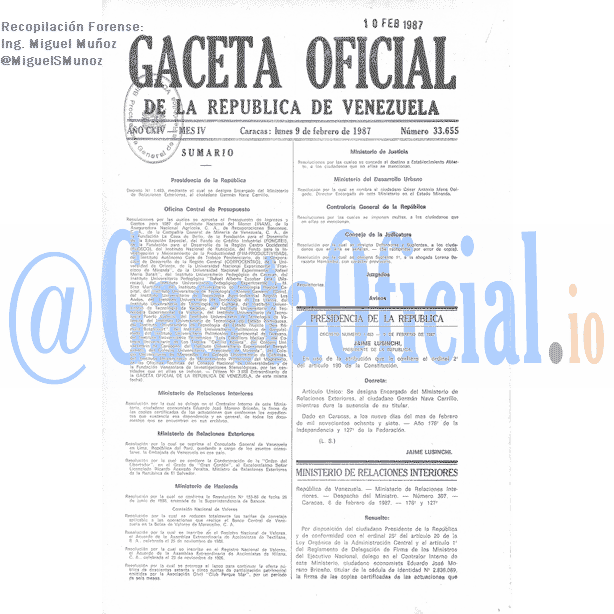 Gaceta Oficial 33655 del 9 Febrero 1987